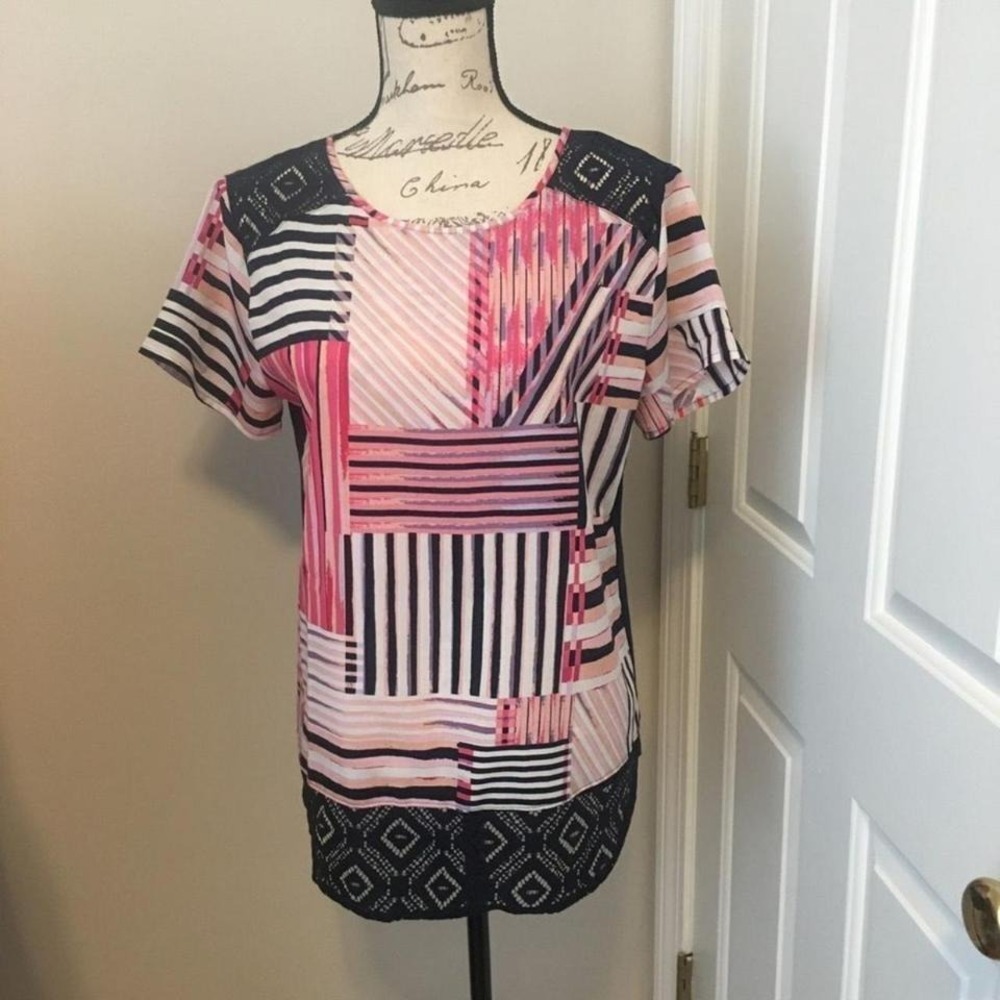 Van Heusen Womens Pink Black Geometric Patchwork Crochet Lace Blouse Medium